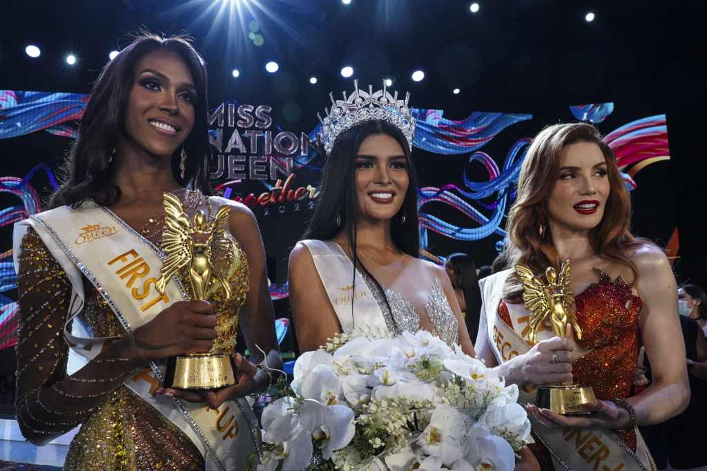 Top 3 contestants stand aside each other during the Miss International Queen 2022 Transgender Beauty Contest