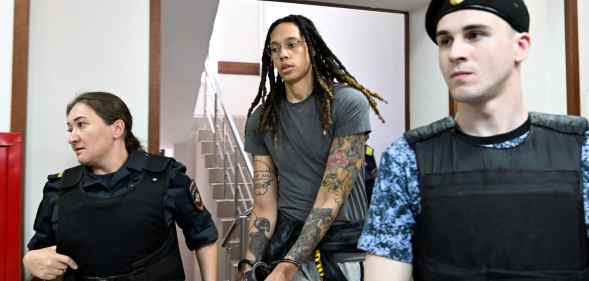 Brittney Griner arrives to a hearing at the Khimki Court, outside Moscow