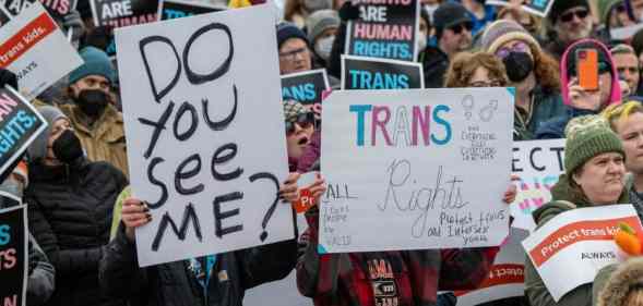 Several people protest in support of trans rights and condemning trans sports bans bills popping up across the US. One person carries a sign reading 'Do you see me?' while the person nexts to them has a sign reading 'Trans rights'. In the background, several people are holding 'Trans rights are human rights' jackets