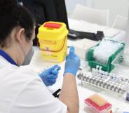 A scientist wearing a grey face mask, blue shirt and white top holds a dropper and container in their blue gloved hands as monkeypox samples are seen on their desk