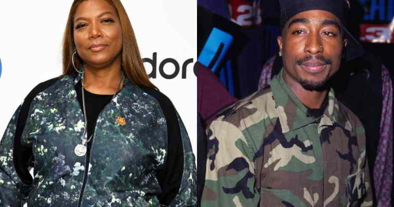 Side by side images of Queen Latifah wearing a floral print zip-up top and 2Pac wearing a camouflage top