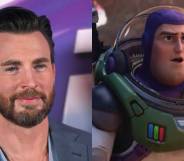 In the image on the left, Christ Evans smiles at the camera while wearing a blue shirt and blue-grey coat and is standing in front of a purple background. In the image on the right, the fictional character Buzz Lightyear, a space explorer, wears a spacesuit with a green panel on the from and a clear half circle helmet