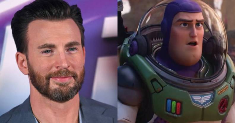 In the image on the left, Christ Evans smiles at the camera while wearing a blue shirt and blue-grey coat and is standing in front of a purple background. In the image on the right, the fictional character Buzz Lightyear, a space explorer, wears a spacesuit with a green panel on the from and a clear half circle helmet