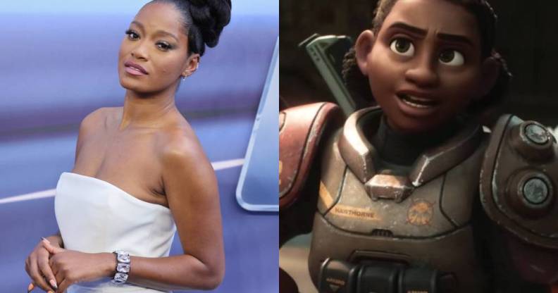 side by side images of Keke Palmer wearing a white dress at the premiere of Lightyear and her Lightyear character Izzy Hawthorne who is wearing an aged grey and red space suit