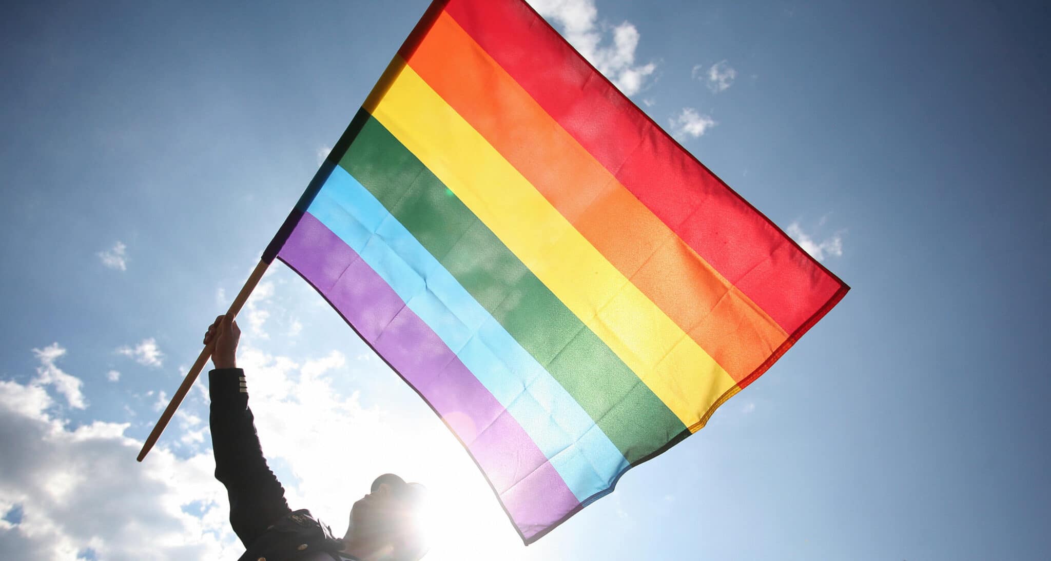 A person waving a Pride flag. 