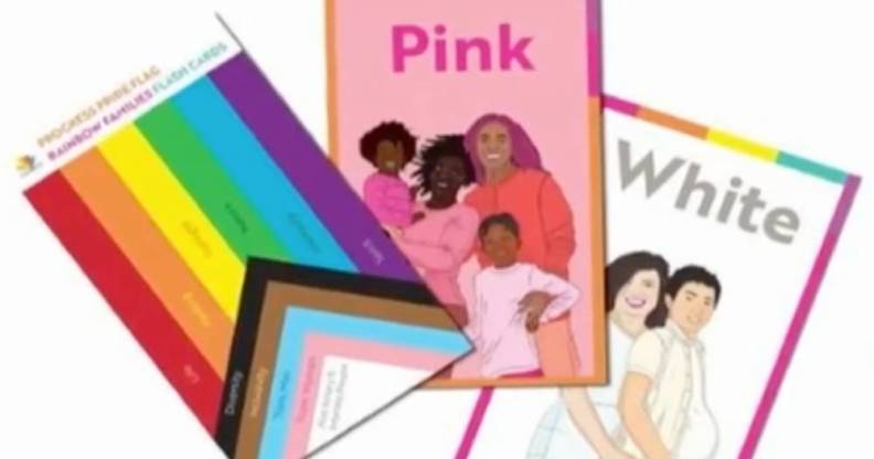 Several LGBTQ+ themed flashcards are depicted on the page. One shows the progressive Pride flag, another says pink while depicting a happy queer Black family with two children and a third depicts a pregnant short haired person being held by their partner with the word 'white' written above