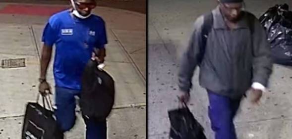 Screenshots have been displayed by Crimestoppers of a man wearing a blue short sleeve shirt and matching blue trousers carrying a bag with a white face mask and black baseball cap. In the next image, the man is wearing blue trousers and carrying a black bag but he is now wearing a grey jacket and black baseball cap. The man is a suspect in a stabbing incident on a train in New York City that officers are investigating as a hate crime