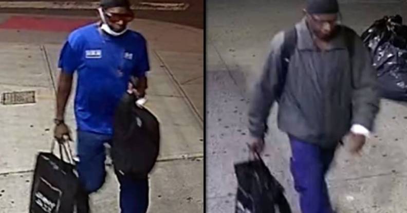 Screenshots have been displayed by Crimestoppers of a man wearing a blue short sleeve shirt and matching blue trousers carrying a bag with a white face mask and black baseball cap. In the next image, the man is wearing blue trousers and carrying a black bag but he is now wearing a grey jacket and black baseball cap. The man is a suspect in a stabbing incident on a train in New York City that officers are investigating as a hate crime