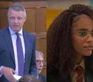 side by side images of UK Labour MP Luke Pallard who is wearing a button up shirt, tie and jacket during a House of Commons debate. In the other image, Yasmin Finney plays trans teen Elle Argent in Heartstopper the character is wearing a white button up shirt, red striped school tie and dark blazer with curly hair