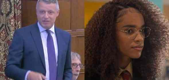 side by side images of UK Labour MP Luke Pallard who is wearing a button up shirt, tie and jacket during a House of Commons debate. In the other image, Yasmin Finney plays trans teen Elle Argent in Heartstopper the character is wearing a white button up shirt, red striped school tie and dark blazer with curly hair