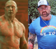 A split image of Dave Bautista as Drax in Marvel's Guardians of The Galaxy, and him casually wearing a baseball cap and bright blue rainbow Pride t-shirt.