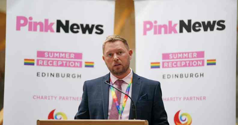 Jamie Greene speaking at the PinkNews summer reception in Edinburgh.