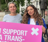 Singer Jade Thirlwall with Labour MP Kate Osborne holding a pink sign that reads: I support a trans-inclusive conversion therapy ban