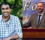 Side by side of Hemant Mehta (left) and hate preacher Aaron Thompson (right).