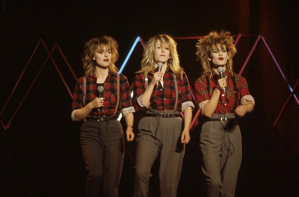 Bananarama perform on Top Of The Pops, 1983. L-R, Keren Woodward, Sara Dallin, Siobhan Fahey.