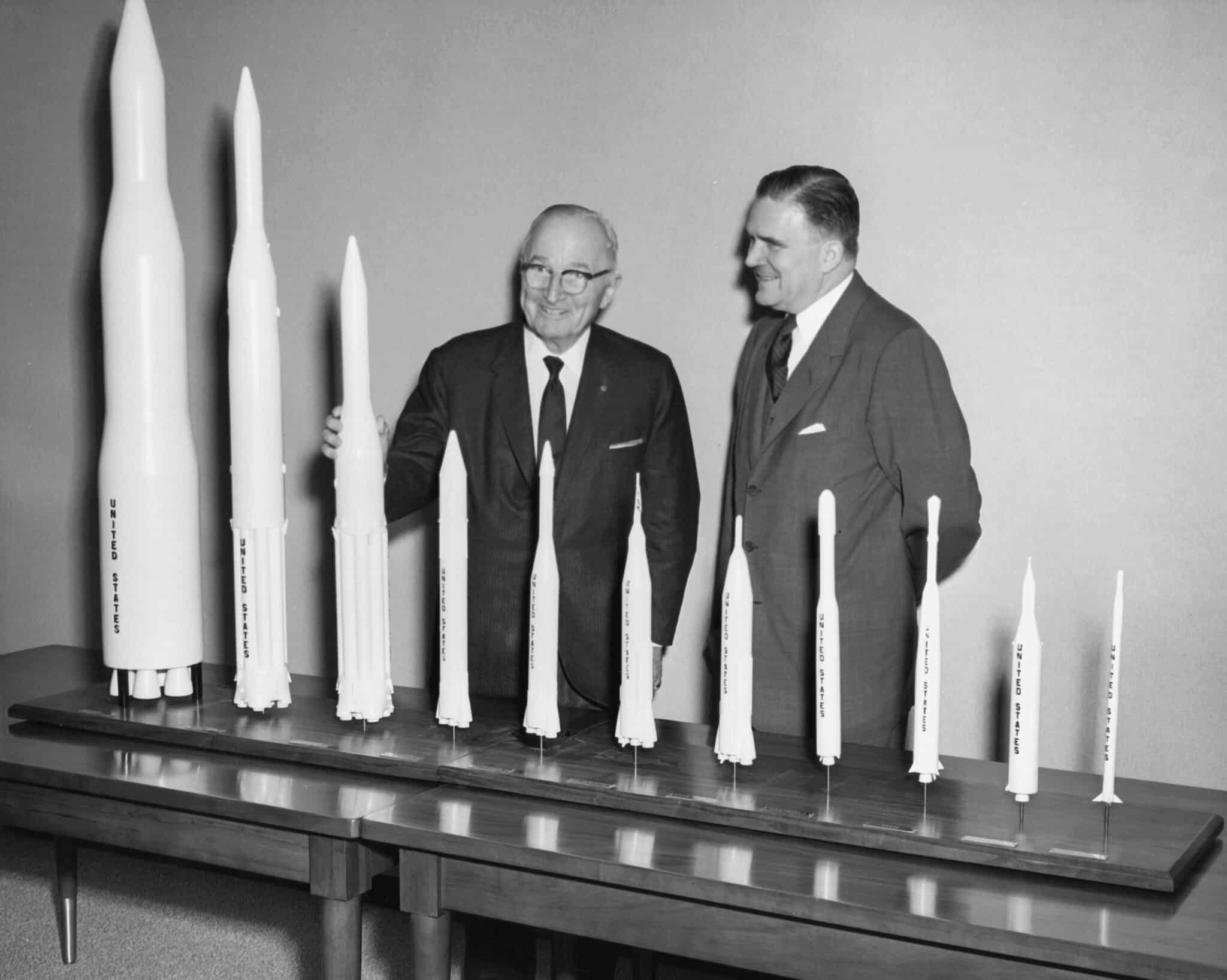 NASA Administrator James E Webb presents a collection of rocket models to President Harry S Truman during a presidential visit to the newly opened NASA Headquarters in Washington, District of Columbia, November 3, 1961.