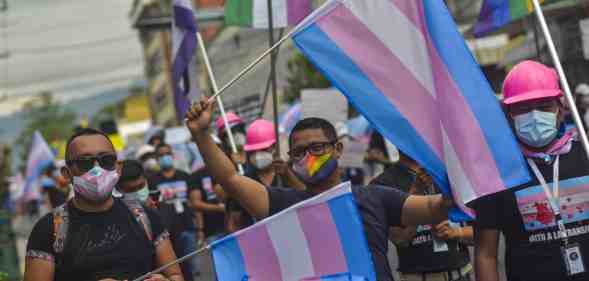 Demonstrators hold up flags while chanting slogans during the demonstration.