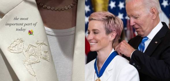 in the image on the left, Megan Rapinoe shows off her white jacket which is embroidered with a rose and the initials 'BG' in honour of detained basketball star Brittney Griner. In the image on the right, Rapinoe wears the white jacket as president Joe Biden puts the presidential medal of freedom around her neck during a ceremony at the White House