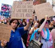 Thousands of people pass through Soho on a London Trans+ Pride march