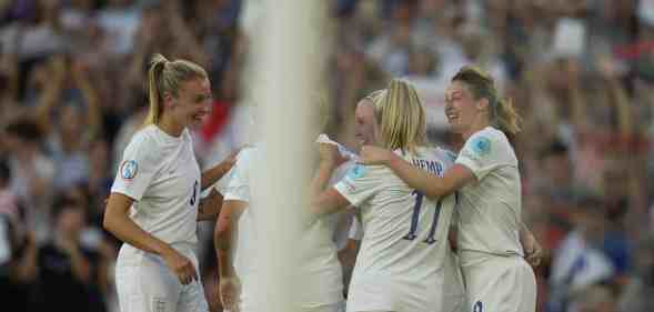 Beth Mead of England celebrates after scoring her team's fifth goal with teammates during the UEFA Women's Euro England 2022 group A match between England and Norway at Brighton at Hove Community