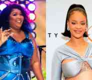 Side by side images of Lizzo and Rihanna. In the image on the left, Lizzo wears a bright blue reflect outfit as she performs on stage. In the image on the right, Rihanna poses in front of a white background while wearing a grey top