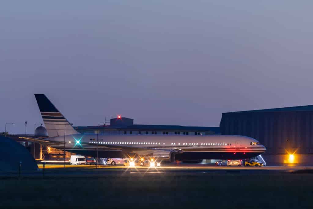 A picture of the grounded first flight taking asylum seekers from the UK to Rwanda, which was terminated following an intervention from the European Court of Human Rights.