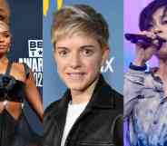 Side by side pictures of Janelle Monáe who is posing for the camera while wearing a black dress, Mae Martin who is smiling at the camera and Hikaru Utada who is singing