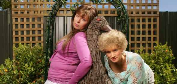 Kath and Kim in Kath's backyard.