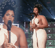 A close-up shot of drag queen Monet X Change wearing a cream-coloured outfit next to another shot where she performs in Drag Race All Stars 7