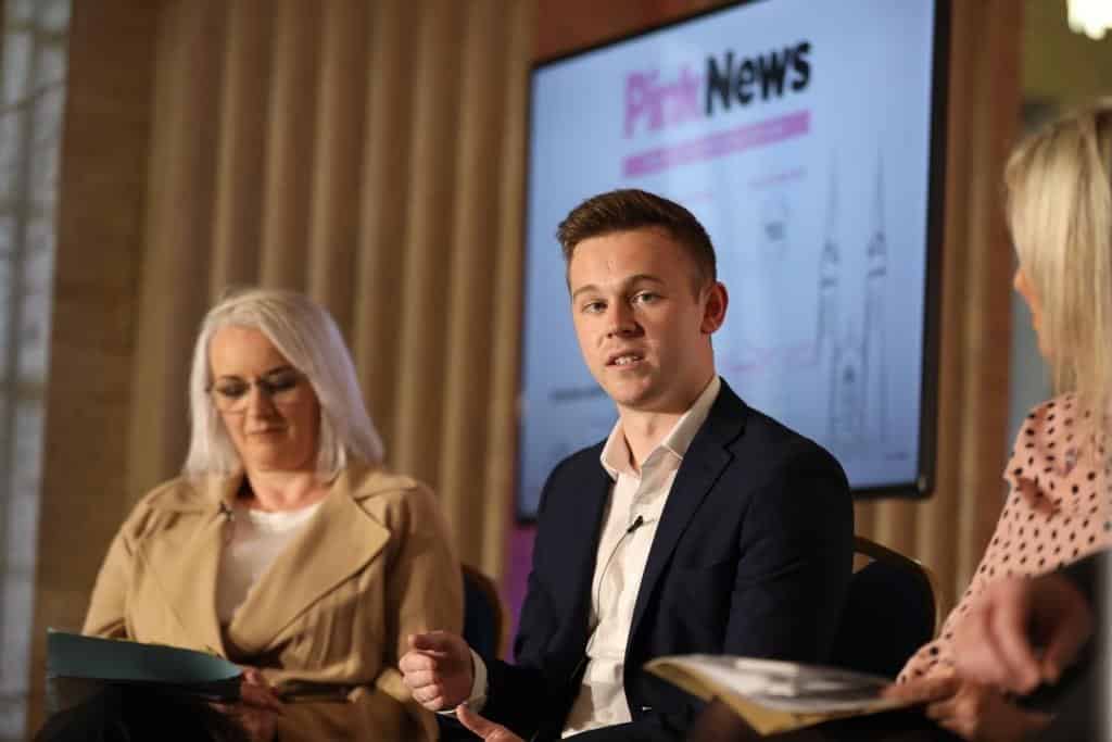 Alliance MLA Eóin Tennyson (R) with DUP MLA Pam Cameron at the PinkNews Summer Reception in Belfast.