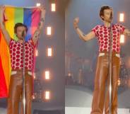 Harry Styles holds up an LGBTQ+ pride flag as he stands on stage during a concert in Oslo Norway