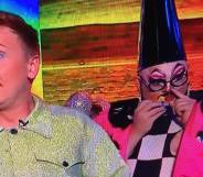 Drag queen Fatt Butcher wears a pink, black and white outfit as they sniff poppers during Joe Lycett's Big Pride Party on Channel 4