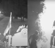 A man wearing a ball cap and t-shirt is seen in two black-and-white screenshots taken from trail camera footage setting a LGBTQ+ Pride flag, which was displayed next to a sign outside Lansing, Michigan, on fire