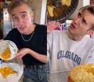 Side by side stills of B Dylan Hollis from his TikTok channel. In the image on the left, Hollis wears a black top and blue jeans as he holds up a bowl full of mandarin oranges above another bowl with a white mixture in it. In the image on the right, Hollis is wearing a grey sweatshirt with 'Colorado' written on it in blue lettering. He looking up to the left at an empty bundt pan with remnants of a cake that he is holding up in one hand. The cake is sitting on a wire cooling rack Hollis has in his other hand