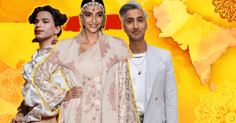 Shiva Raichandani (left), Sonam Kapoor (middle), Tan France (Right) on a orange-yellow backdrop.