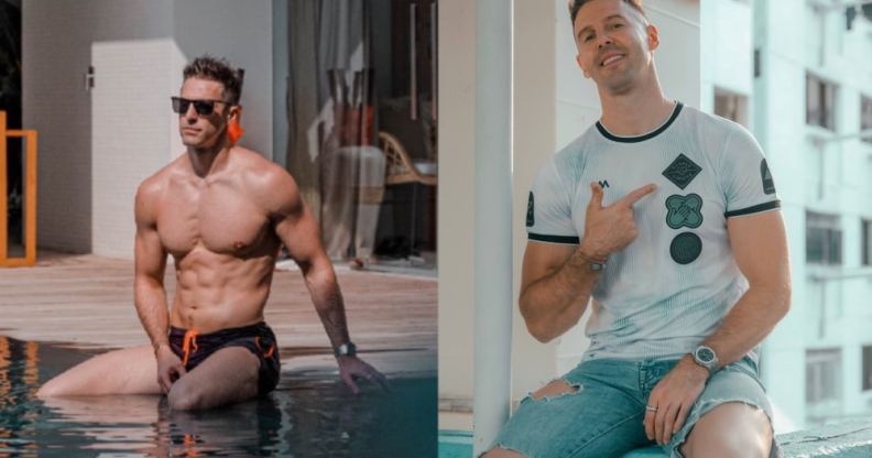 Thomas Beattie pictured at a pool on the left and posing with ripped jeans on the right.