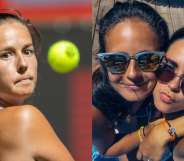 On the left: Daria Kasatkina moments from hitting a tennis ball. On the right: Daria Kasatkina and her girlfriend, Natalia Zabiiako, pose for a selfie