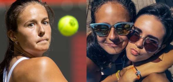 On the left: Daria Kasatkina moments from hitting a tennis ball. On the right: Daria Kasatkina and her girlfriend, Natalia Zabiiako, pose for a selfie