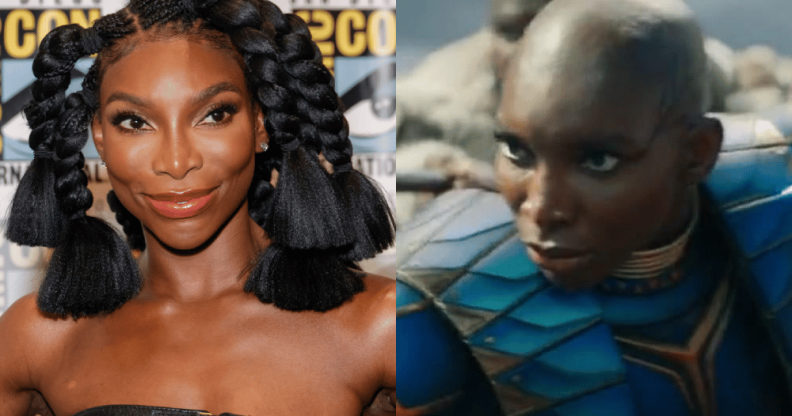 Michaela Coel smiling on a red carpet, and in the Black Panther trailer in full warrior armour