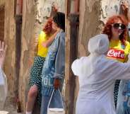 Side-by-side stills of the moment a a nun pulled two women apart for kissing