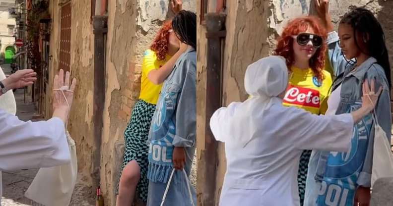 Side-by-side stills of the moment a a nun pulled two women apart for kissing