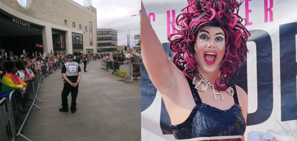 Crowds gather around the Oxford library where Aida H Dee's Drag Queen Story Hour took place.