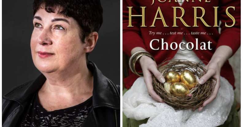 A publicity photo of author Joanne Harris, and a cover image of her novel, Chocolat