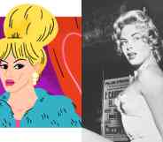 Side by side images of a Google doodle and black and white photograph of Jacqueline Charlotte Dufresnoy aka Coccinelle