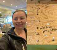 In the photograph on the right, Corrina Sac wears a dark sweatshirt as she takes a self inside UpRising Bakery and Cafe. The photograph on the right shows boards with words of support after the bakery was vandalised over a planned family-friendly drag event