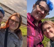 In the photograph on the left, a person with blue hair wears a dark jacket as they embrace their partner with red hair and a grey jacket. The couple is posed in front of a body of water. In the image on the right, the same couple are posed outdoors. The person with the blue hair is now wearing a red and purple plaid shirt while their partner is wearing a lighter top