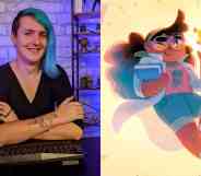 In the photograph on the left, Laura Kate Dale sits at a computer desk. She has an undercut hairstyle with bright blue long hair on one side. In the illustration on the right, a young trans woman smiles triumphantly as she poses next to a small yellow monster