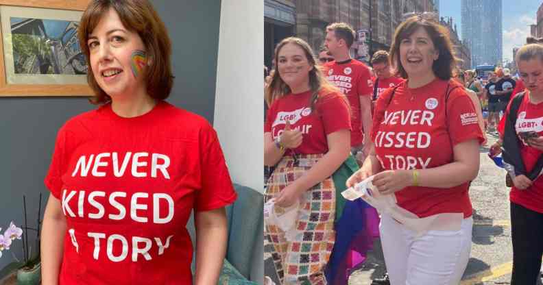 Lucy Powell wears a red 'Never kissed a Tory' t-shirt to Manchester Pride