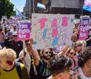 Several people in a crowd wave trans pride flags as one person holds up a sign that reads 'Trans rights now'