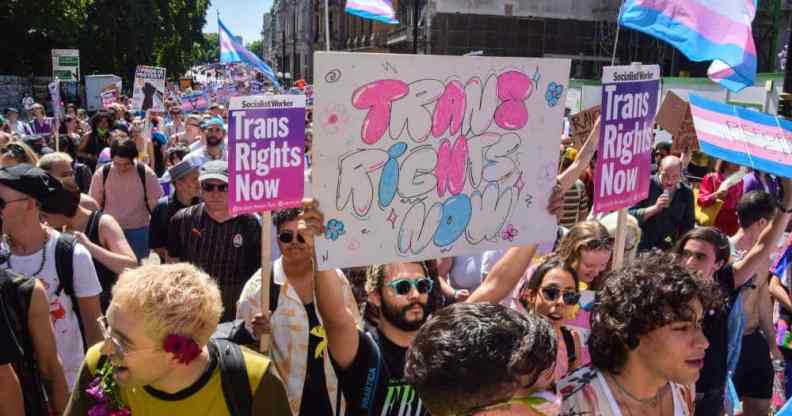 Several people in a crowd wave trans pride flags as one person holds up a sign that reads 'Trans rights now'